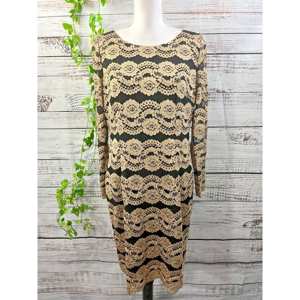 Cremieux Dress size 12 Gold Black Lace Straight Sheath Stretch Cocktail Knee